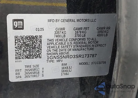 2025 Chevrolet Tahoe 2Wd Lt из США, поврежденный, VIN 1GNS5NRD3SR173787